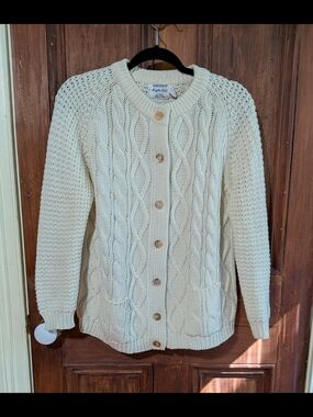 Vintage Cable Knit Crewneck Button Cardigan Sweater - Cream